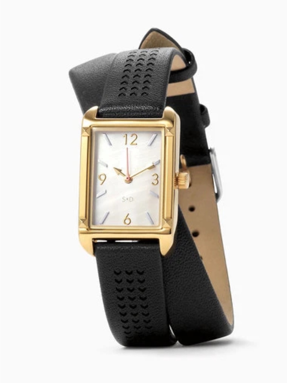 Stella & Dot Gold Tone Rectangular Watch with Black Leather Strap w/box & papers